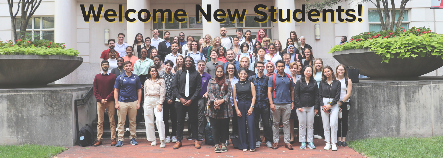 A large group of students stands in front of a building. Text says "Welcome New Students!"