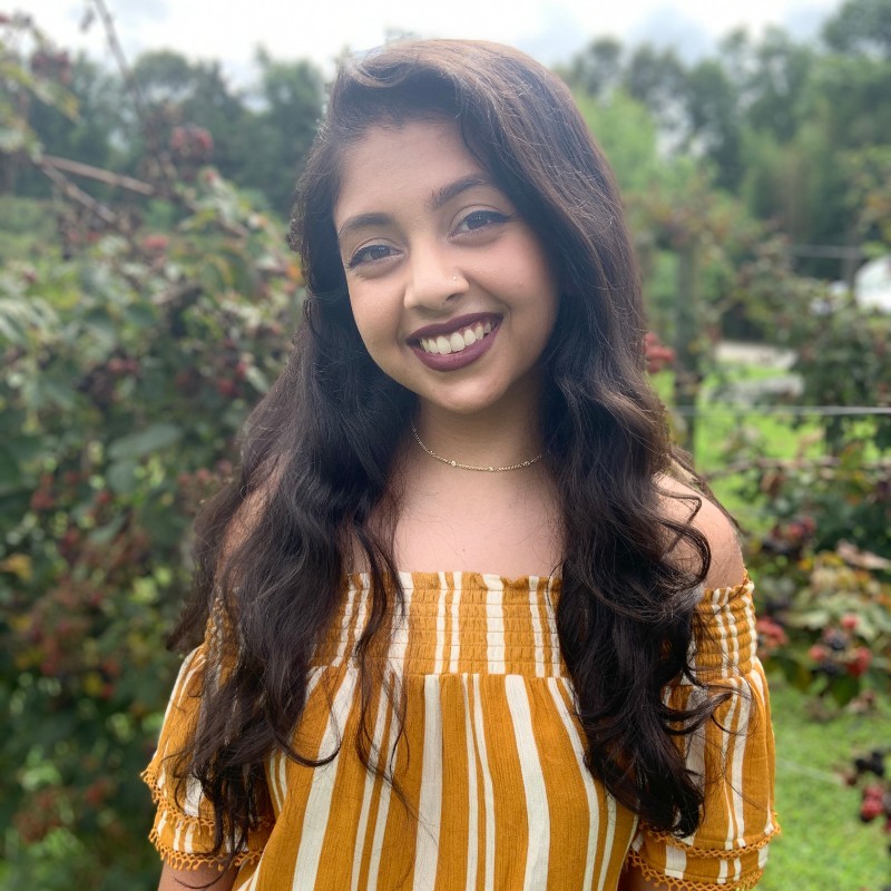Nisha Pawar is a woman with brown skin, long curly brown hair, wearing a yellow and white striped shirt, standing in front of a field.