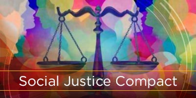 Graphic of scales of law with link to UMSOM Social Justice Compact