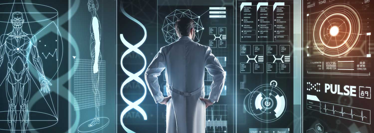 Scientist looking at data on a digital trifold