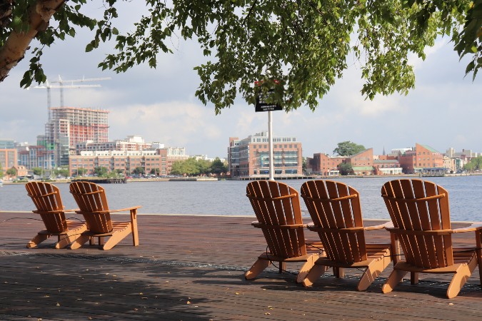 Four Adirondack chairs under a tree on a wooden pier. The chairs are facing the water with a bunch of brick buildings.